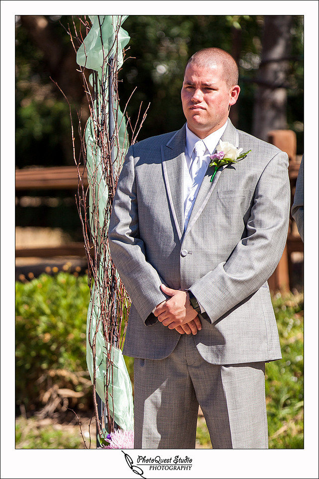 Longshadow Ranch Wedding Photography, Temecula Vineyard and Winery Wedding Photographer - PhotoQuest Studio, The Groom looking at the Bride entering the ceremony site