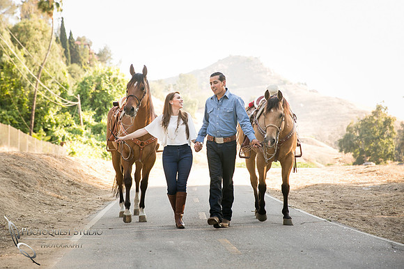 Hand in hand with horses at Fairmount Park, Mission Inn, California Engagement Photo with Horses