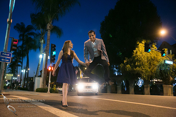 Happy heal kick at Riverside Downtown, California Engagement Photo by Temecula Wedding Photographer