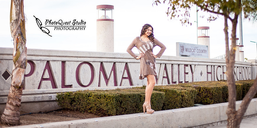 High School Senior photos session of beautiful Latina Teen from Menifee, California - Miss Isabel Donadio.  Location: Paloma Valley High School, Menifee, CA.  Photography: PhotoQuest Studio - Menifee Wedding, Family and Event Photographer