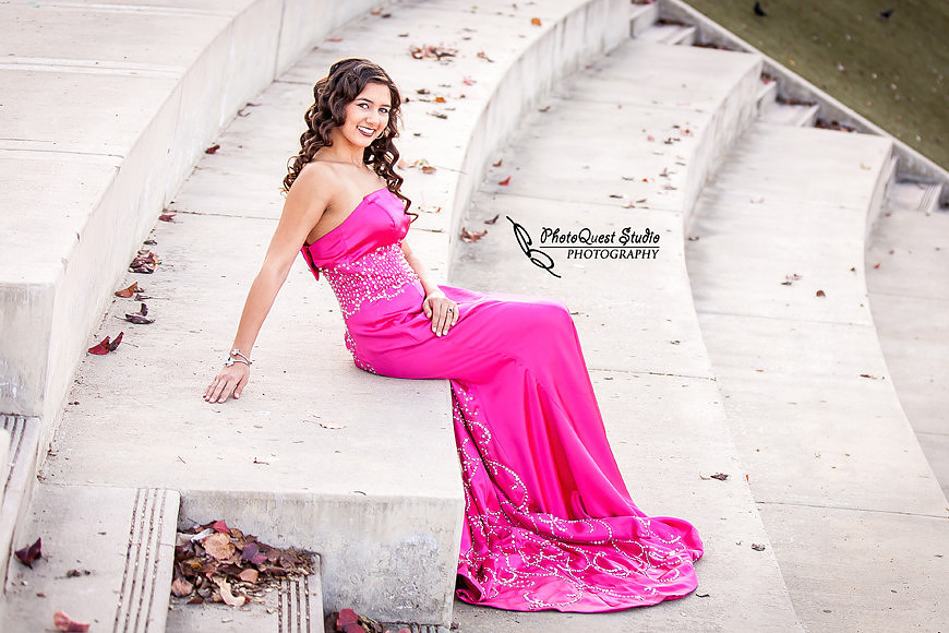 High School Senior photos session of beautiful Latina Teen from Menifee, California - Miss Isabel Donadio.  Location: Paloma Valley High School, Menifee, CA.  Photography: PhotoQuest Studio - Menifee Wedding, Family and Event Photographer, Isabel sitting by the steps
