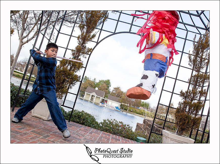 Lake Harveston Lakehouse Birthday Party by Temecula, Menifee, Murrieta Wedding Photographer - PhotoQuest Studio, Photography - boy full swing at the pinata