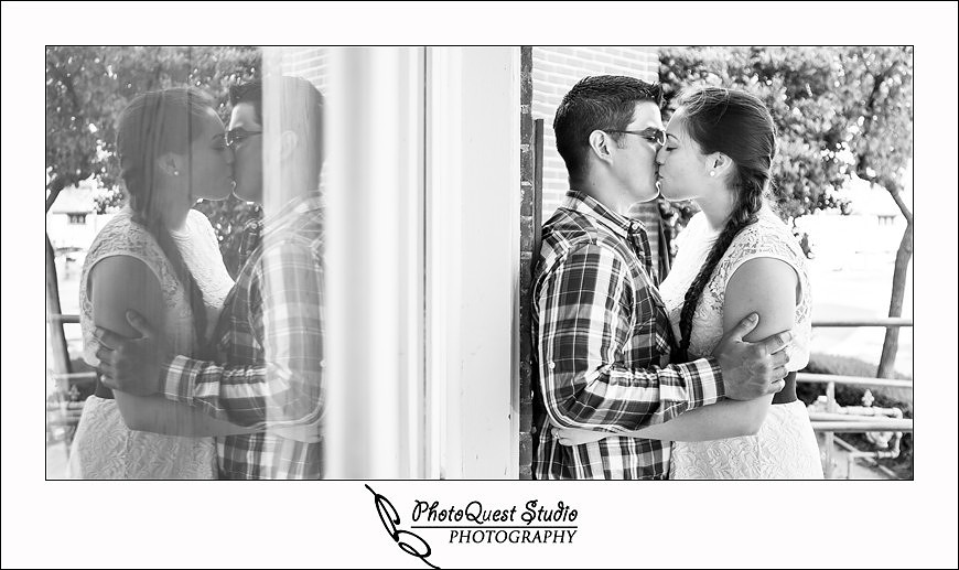 Romantic Temecula Old Town and Fallbrook Sunset Engagement Photo Session by Menifee, Temecula Wedding Photographer - Future Bride and Groom kissing reflection in front of a store