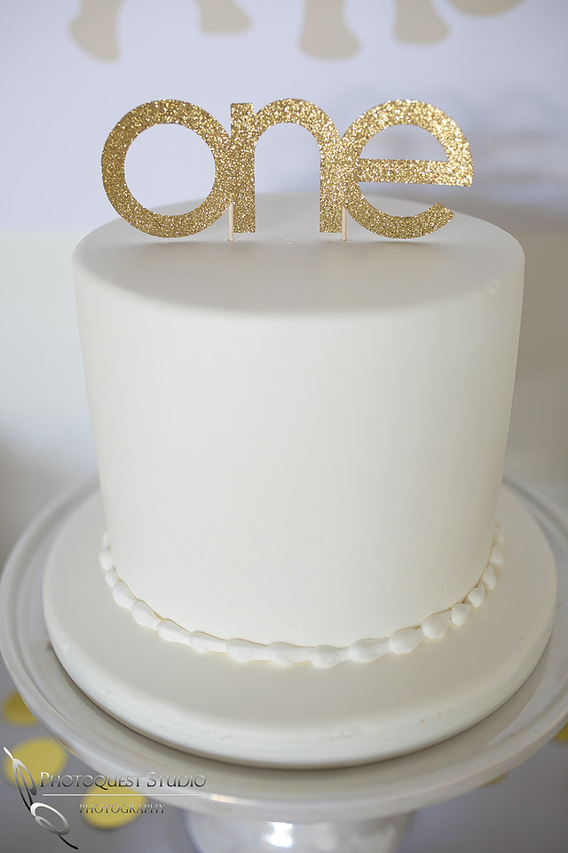 1st Birthday cake at Party White and Gold Theme