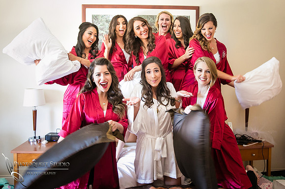 bride and bridesmaid pillows fight by temecula wedding photographer