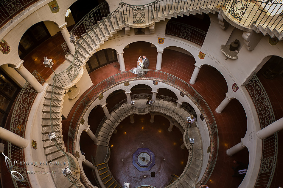 Mission Inn Hotel stairway Wedding Photo by Riverside-Temecula Wedding Photographer