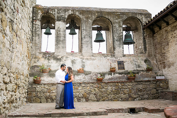 Engagement photo at Mission San Juan Capistrano