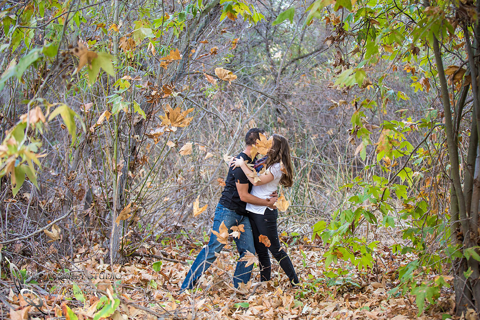 falling leaves at the park, Southern California Engagement with nature in fall Photos in Fallbrook, San Diego by Temecula Winery Wedding Photographer, Sarah & Shawn
