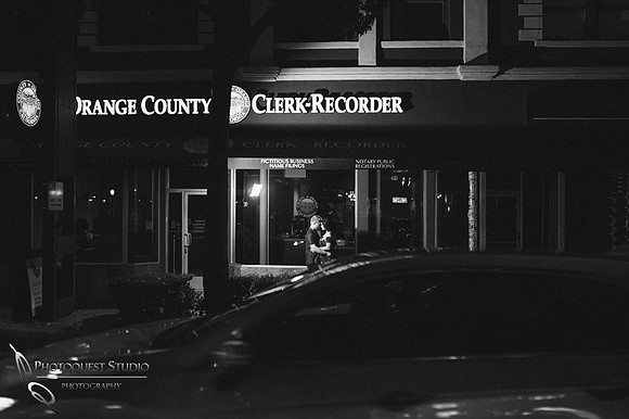 Engagement Photo at night in Downtown Fullerton by Temecula Wedding Photographer
