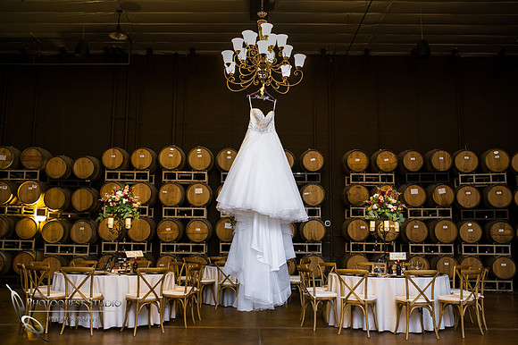 Wedding dress in Leoness Cellars barrel room