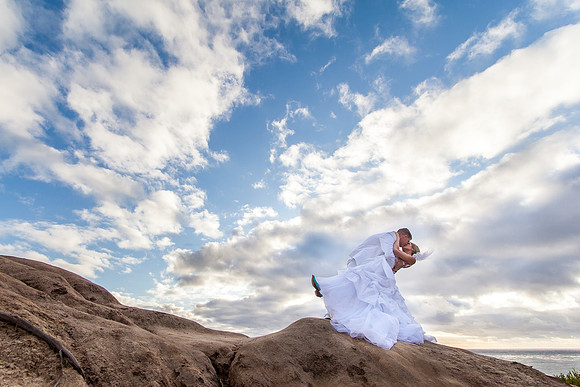 Thursday Club Wedding, Red Cliff, Point Loma, San Diego - Bride and Groom dipping and kissing by the cliff