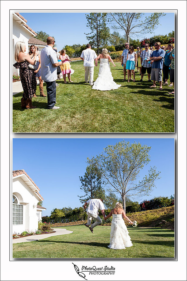 The Groom holding the Bride hand and happy jump at DIY Backyard wedding in Escondido, San Diego by Temecula Wedding Photographer of PhotoQuest Studio | Photography - Locate in Menifee and serving both N&S California