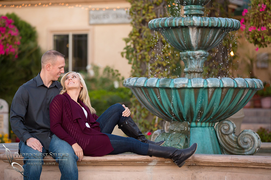 The sunset and the fountain at Engagement photo at South Coast Winery, California by Temecula Wedding Photographers