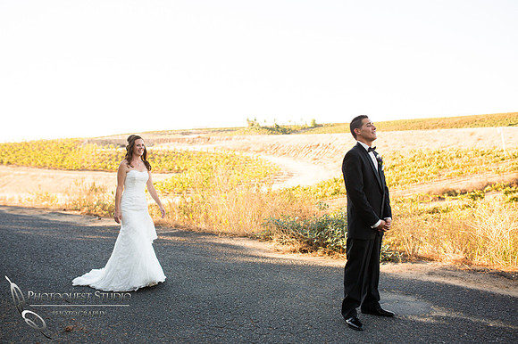 First look photo at temecula wedding, Falkner winery wine wedding by temecula wedding photographer