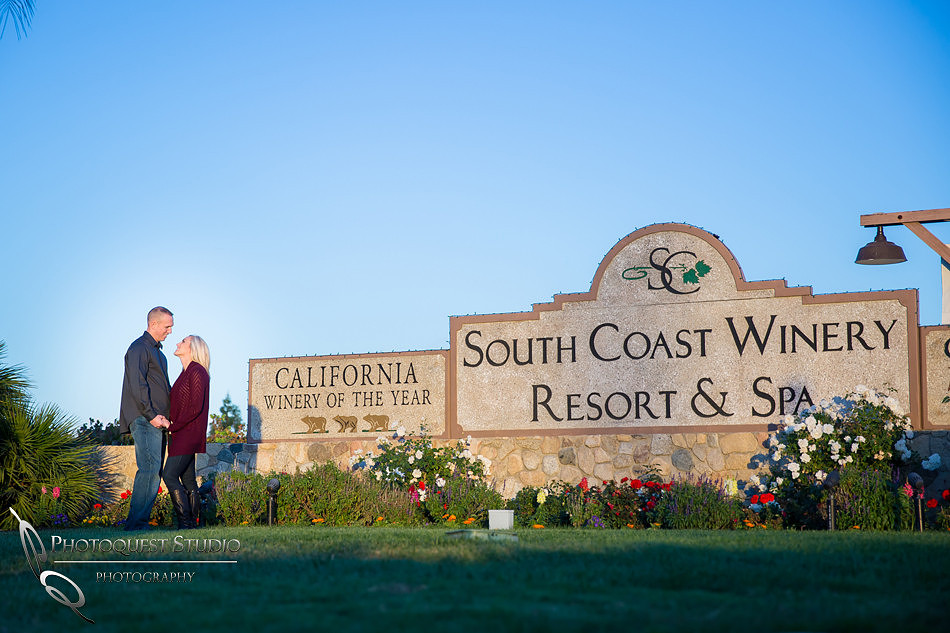 South Coast Winery Resort & Spa sign at Engagement photo at South Coast Winery, California by Temecula Wedding Photographers